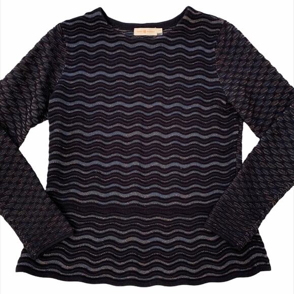 TORY BURCH Navy Copper Metallic Long Sleeve Peplum Long Sleeve Sweater Large - Picture 1 of 7